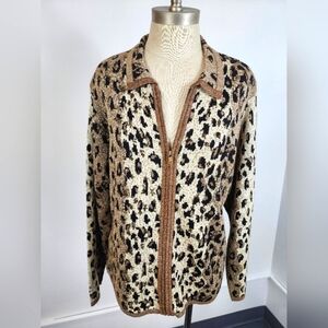 LISA Original Women's Leopard Print Zip Up Knit Jacket Shoulder Pad Cardigan, MD